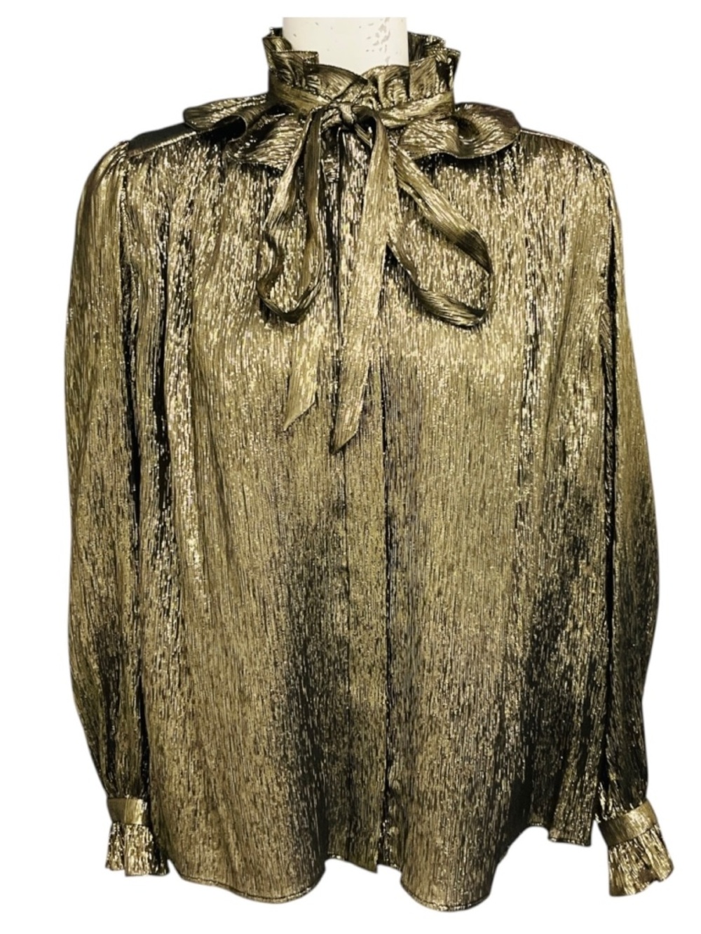 CHLOE GOLD METALLIC RUFFLED TIE NECK LUREX BLOUSE